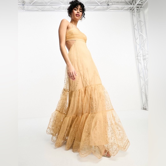 ASOS Dresses & Skirts - ASOS DESIGN embroidered ruched voile cut out tiered maxi dress in gold size 6